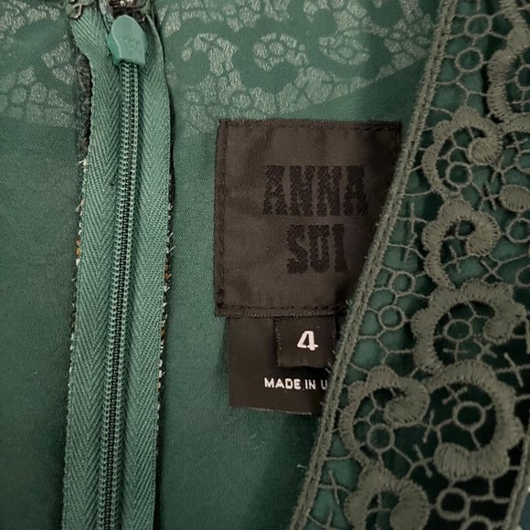 Anna Sui Green White Printed Lace Detail V-Neck Sleeveless Mini Dress 4 Silk - Picture 5 of 10